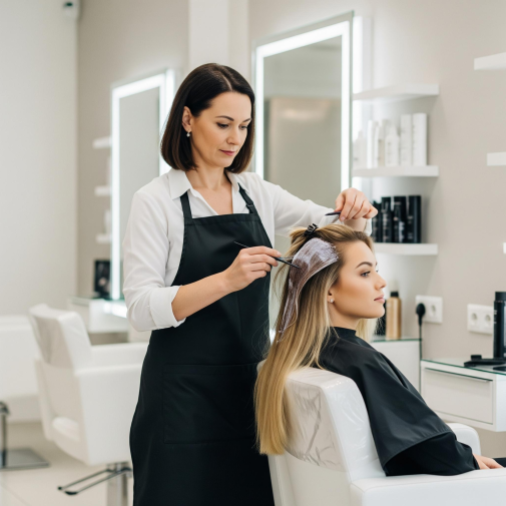 A professional hair stylist artfully coloring a client's hair in a modern salon.