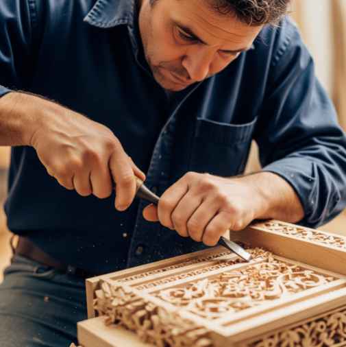 A highly skilled carpenter, focused and at work, using a chisel on a detailed woodworking project.