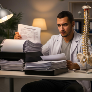 A chiropractor at his desk after hours, looking frustrated by a stack of insurance explanation of benefits (EOB) forms.
