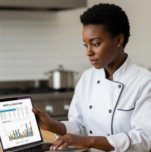 A professional caterer confidently reviewing a 'Profit & Loss by Event' report on a laptop, with a beautifully catered event in the background.