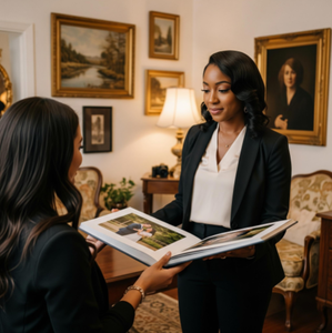 A professional photographer confidently showing a client a beautiful finished wedding album, with their organized studio in the background.