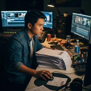A videographer looking stressed at an editing bay late at night, with complex video timelines on the screen and a pile of invoices on the desk.