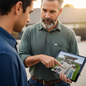 A confident landscaper using a tablet to show a client a 3D design for a new patio project.