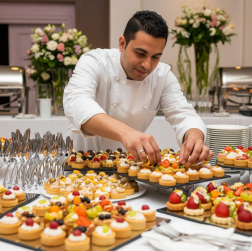 A professional caterer putting the finishing touches on a beautifully arranged buffet for an event.