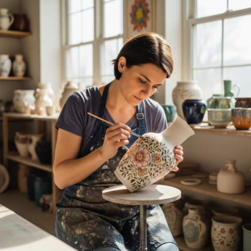 An artisan carefully hand-painting a detailed design onto a piece of pottery in her studio.
