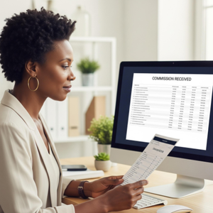A professional travel agent calmly reviewing a clean 'Commission Received' report on their computer, with travel brochures neatly arranged nearby.