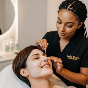 A client looking relaxed and happy during a facial treatment administered by a professional, smiling esthetician.