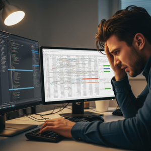 A web developer at a desk with multiple monitors, looking stressed while comparing a complex code editor with a messy spreadsheet of expenses.