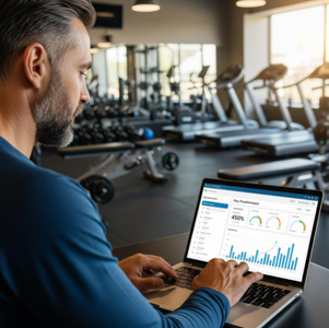 A confident gym manager reviewing a clean financial dashboard on a laptop, showing positive trends in membership growth and revenue.