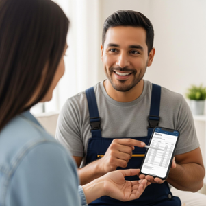 A smiling handyman showing a client a clear, itemized digital invoice on his smartphone before accepting payment.