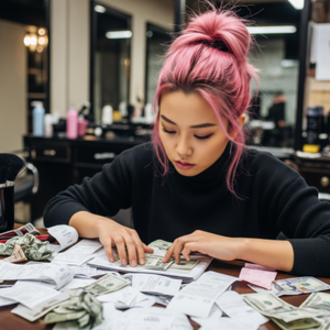 A hair stylist looking stressed after a long day, sitting in their salon chair and trying to sort a pile of product receipts and cash.