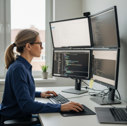 A professional web developer writing code on multiple monitors at a clean, organized desk.