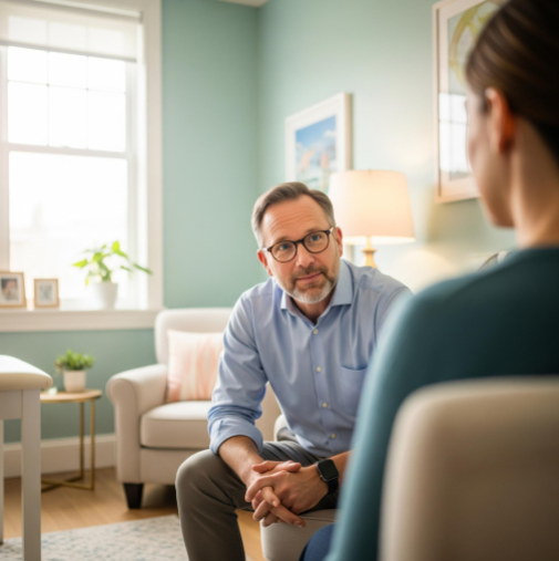 A therapist listening with empathy during a session in a safe and comfortable office.