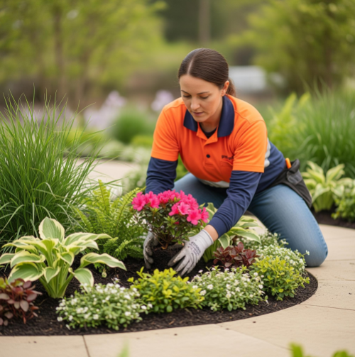 A landscaper carefully placing a new plant in a beautifully designed garden bed.