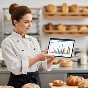 A confident baker holding a tablet that displays a clear, colorful chart of the bakery's most profitable items.