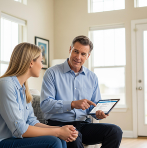 A professional home inspector confidently presenting a digital inspection report to a client, with his well-organized work vehicle in the background.