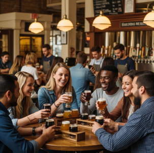 A group of happy customers enjoying a flight of craft beer in a bustling, successful brewery taproom.