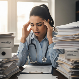 A therapist at a desk, looking thoughtfully at a calendar, with patient files and billing forms creating a sense of being overwhelmed.
