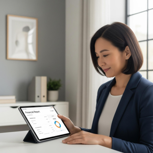 A calm therapist reviewing a simple, secure financial report on a tablet in a quiet, professional office setting.