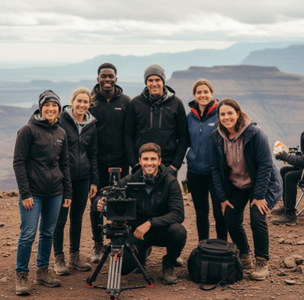 A happy film crew, led by the videographer, successfully wrapping a shoot on location.