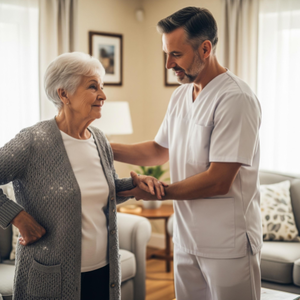 A professional and caring caregiver assisting an elderly client in their home, representing the agency's quality of care.