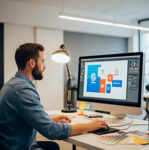 A creative graphic designer working on a branding project on a large computer monitor in a modern studio.