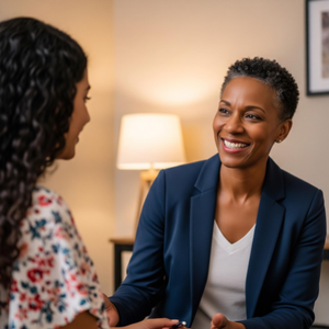 A smiling therapist engaged in a positive, supportive session with a client in a comfortable and safe office environment.