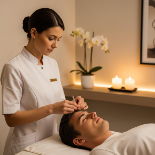 An acupuncturist skillfully placing a needle for a relaxed patient in a serene treatment room.