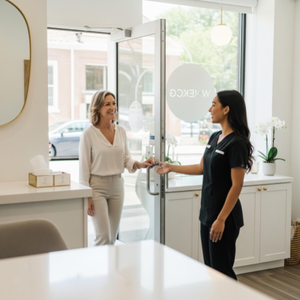 A happy client leaving a clean and modern waxing studio, greeted by a smiling esthetician at the front desk.