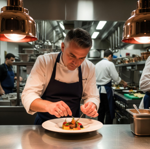 A professional chef carefully plating a gourmet dish in a busy, high-end restaurant kitchen.