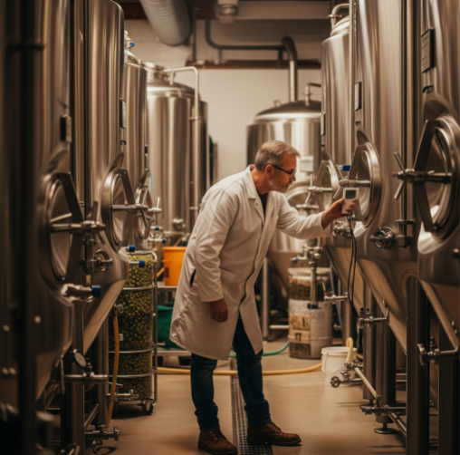 A brewmaster checking the temperature of a large stainless steel fermentation tank in a craft brewery.