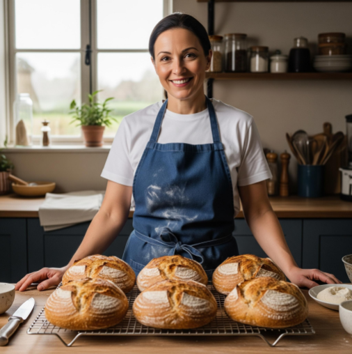 A baker with flour on their apron, smiling proudly in front of a cooling rack of fresh artisan bread.