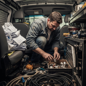 A plumber in a messy work van, trying to find a specific pipe fitting while a pile of unorganized invoices sits on the passenger seat.