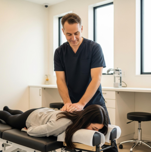 A chiropractor providing a gentle adjustment to a patient in a modern clinic.