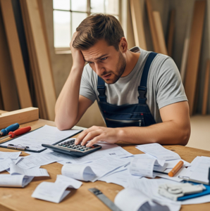 Frustrated carpenter at a workbench covered in receipts and invoices, looking stressed while trying to use a calculator.