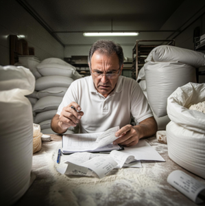 A frustrated bakery owner surrounded by bags of flour, looking at a spreadsheet and receipts, trying to calculate ingredient costs.