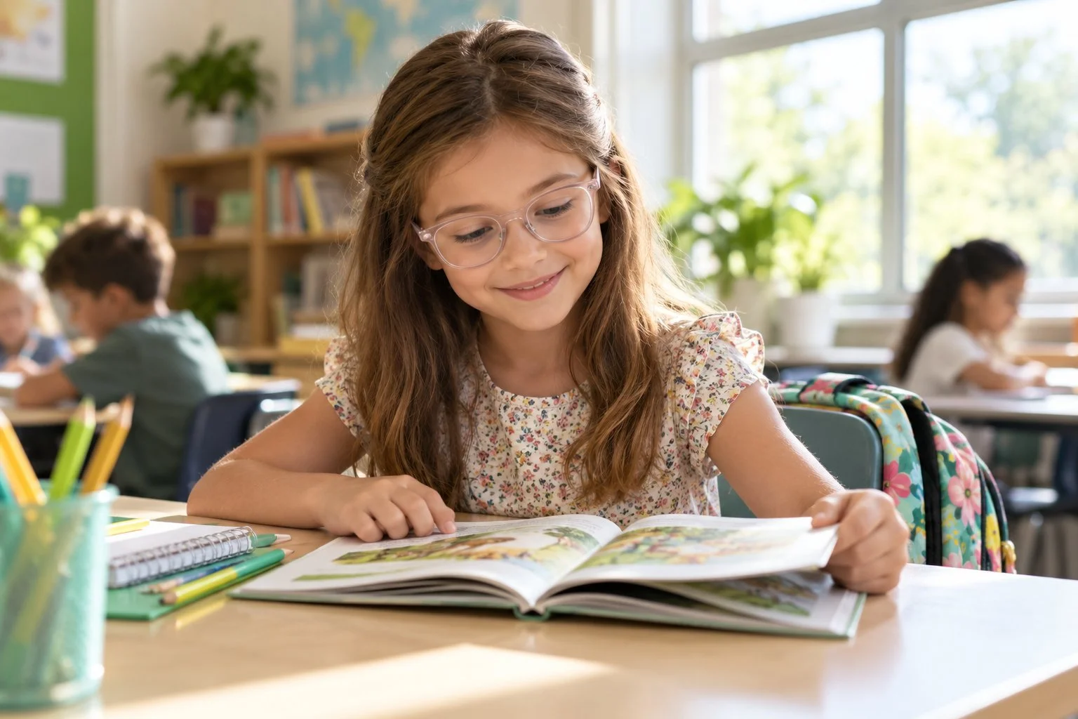 Young student in new glasses reading a book at a school desk, ready for the new school year