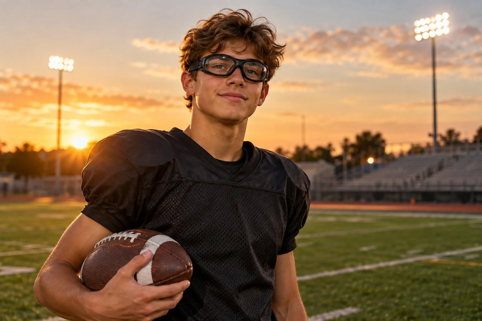 Teen athlete wearing prescription sports goggles on a high school field at golden hour