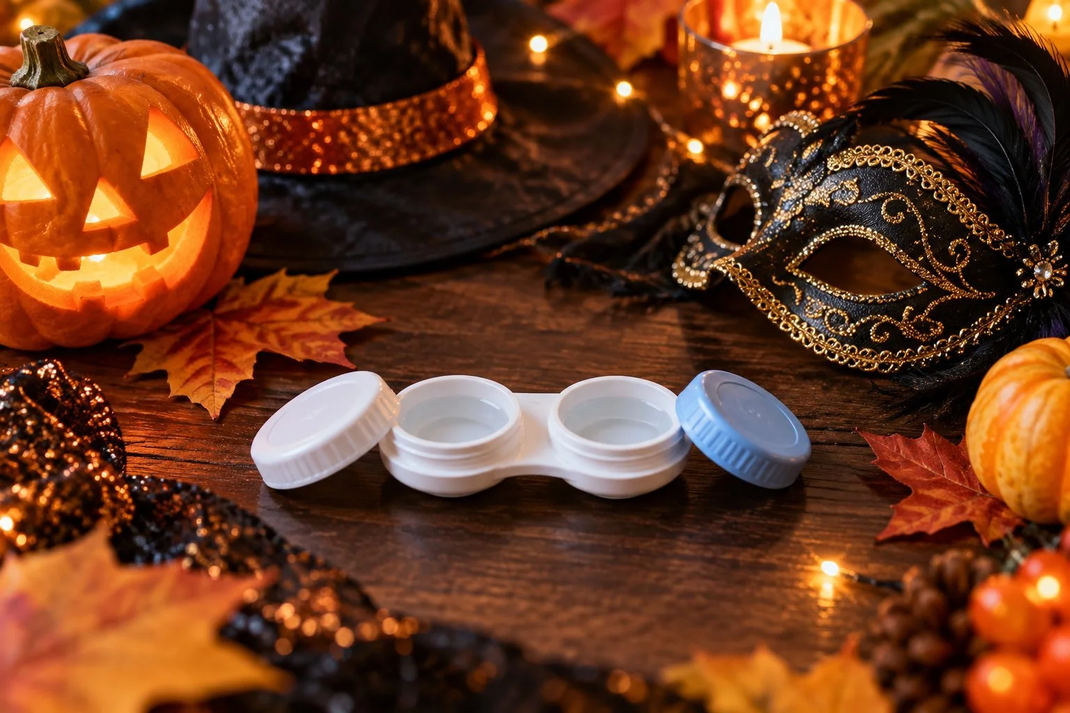 Halloween costume accessories next to a contact lens case, a reminder to use only prescription costume lenses