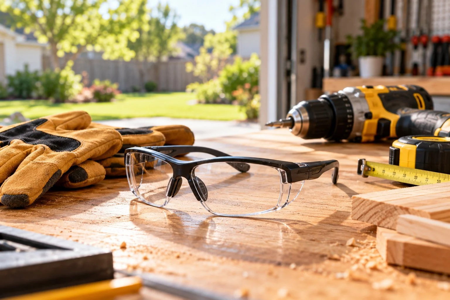 Prescription safety glasses on a garage workbench beside work gloves and a cordless drill