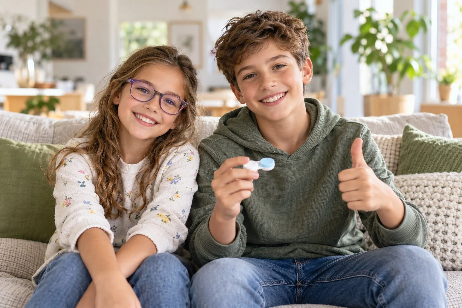 Two smiling children, one in glasses and one holding a contact lens case, representing myopia control options for kids