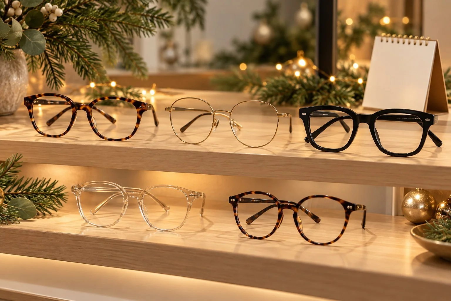 Stylish designer eyeglass frames displayed with subtle holiday accents and a desk calendar near year-end