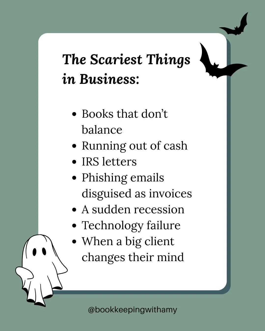 What would you add to this list? 

Share the scariest thing in business you&rsquo;ve experienced in the comments!
.
.
.
#Scary #Business
#BusinessBookkeeping #BusinessAccounting #Bookkeeping #Accounting #SmallBusiness