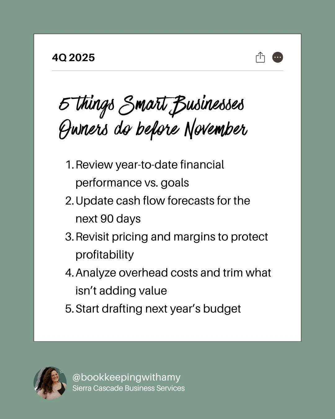 Here&rsquo;s what smart business owners are checking off their list.

Want to feel more confident about your numbers heading into year-end? 

Let&rsquo;s chat, we&rsquo;ll help you get caught up and ready.

And follow for more tips to make running yo