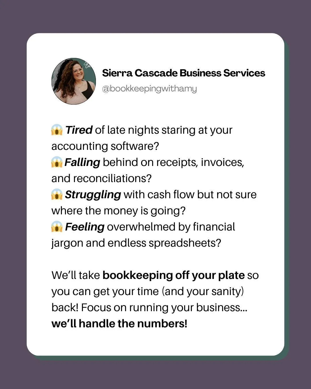 Bookkeeping doesn&rsquo;t just eat up your time, it can also hold your business back when the numbers aren&rsquo;t clear.

That&rsquo;s where we come in! We&rsquo;ll take it off your plate so you can get your time  and your peace of mind back. 

With