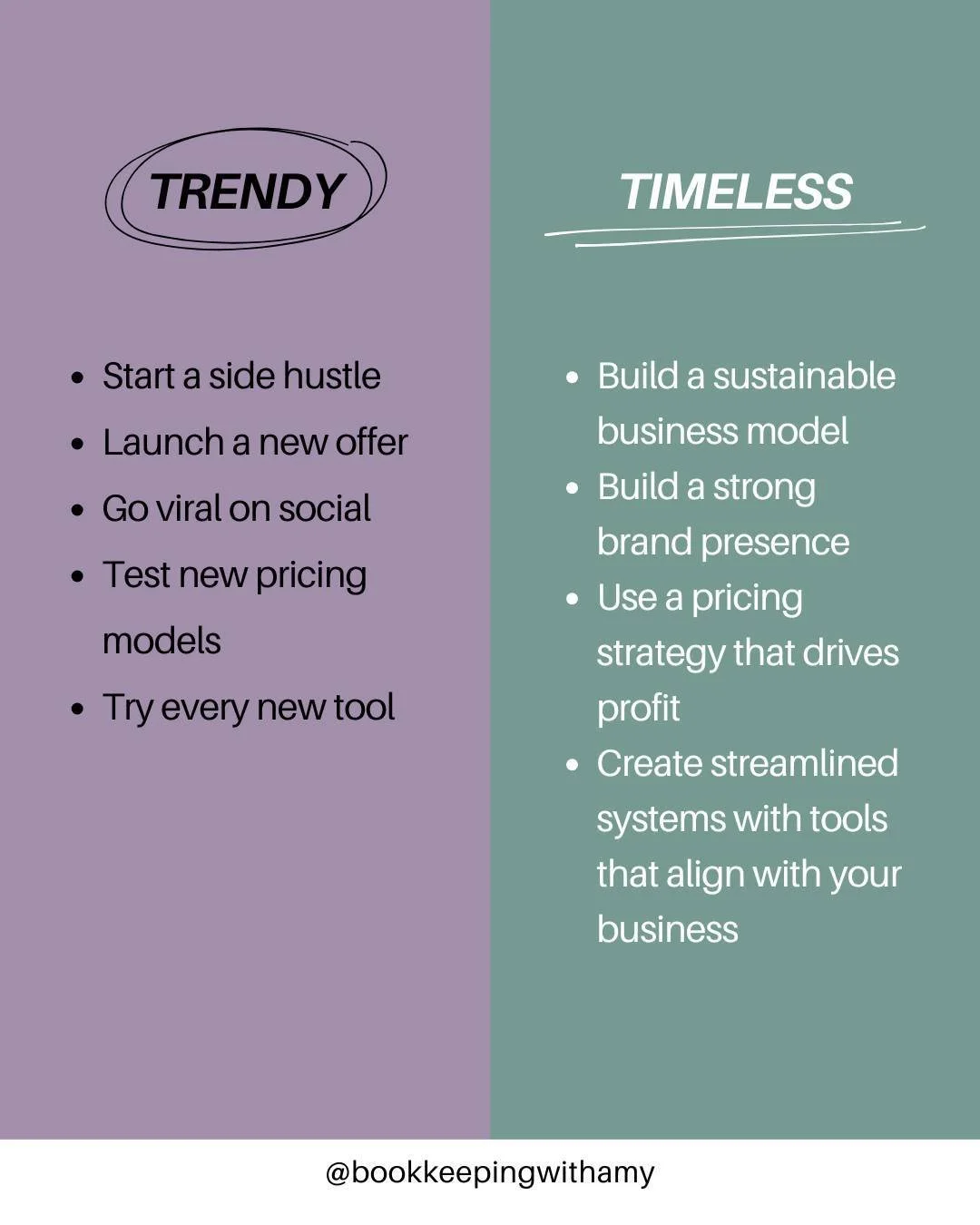 Trendy is exciting. It creates momentum.

But without a foundation? It burns out fast.

What are your thoughts?
.
.
.
#TrendyVsTimeless #BusinessSuccess #BusinessBookkeeping #BusinessAccounting #Bookkeeping #Accounting
#SmallBusiness