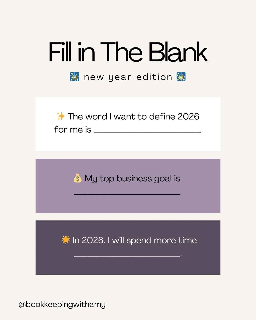 Fill in the blanks with your 2026 answers and tag a friend!
.
.
.
#Goals #EntrepreneurLife
#BusinessBookkeeping #BusinessAccounting #Bookkeeping #Accounting
#SmallBusiness