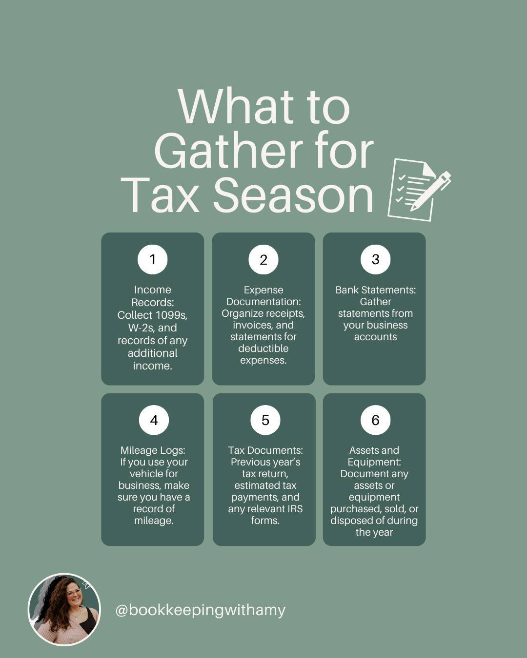 Tax season doesn&rsquo;t have to be stressful if you&rsquo;re prepared! Here&rsquo;s a quick list of what to gather.

Need help getting everything in order? Let&rsquo;s chat!
.
.
.
#BusinessTaxes #TaxSeason
#BusinessBookkeeping #BusinessAccounting #B