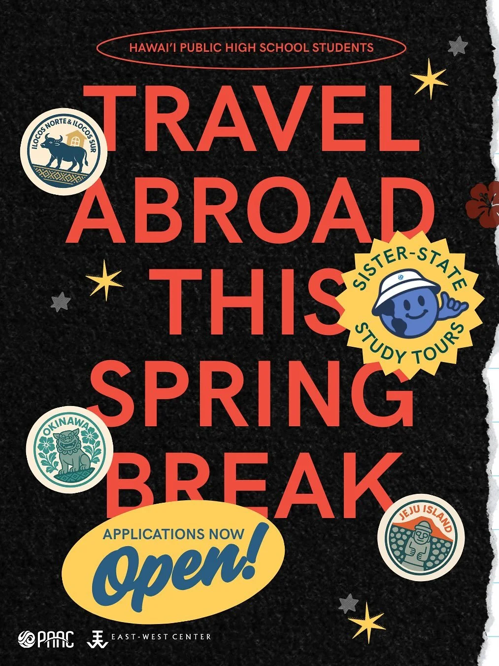 ✈️ Want to travel abroad this Spring Break? 🌏💥

Join our Sister-State Study Tours &mdash; open exclusively to Hawaiʻi public high school students.

🌸 3 Destinations. 15 spots each. 45 spots total!

🌺 Okinawa, Japan

🍊Jeju, Korea

🐃Ilocos Norte 