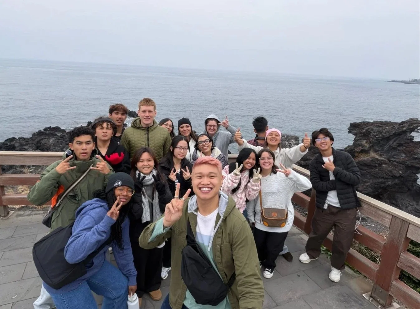 Group photo at Dragon Head Rock, First Day on Jeju Island